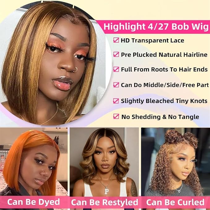 Highlight 4/27 Color Pixie Cut Bone Straight Short Bob Glueless Wigs Raw Vietnamese Virgin Hair - 图片 4