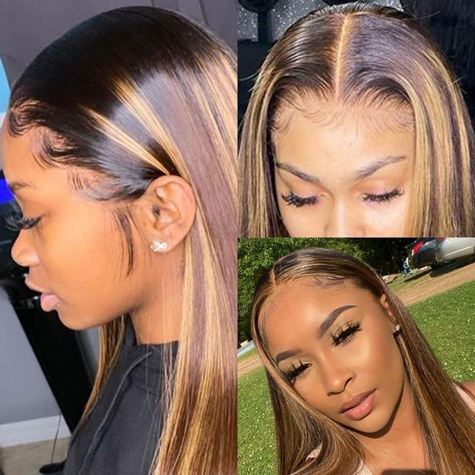 Highlight Ombre Color Straight Human Hair Full Ends Lace Front Wig - 图片 2