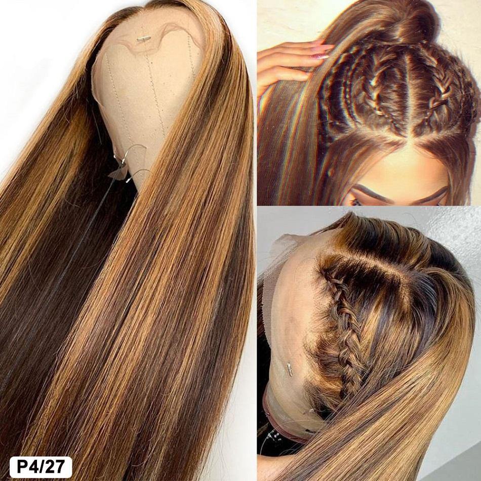 Highlight Ombre Color Straight Human Hair Full Ends Lace Front Wig - 图片 3