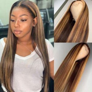 Highlight Ombre Color Straight Human Hair Full Ends Lace Front Wig