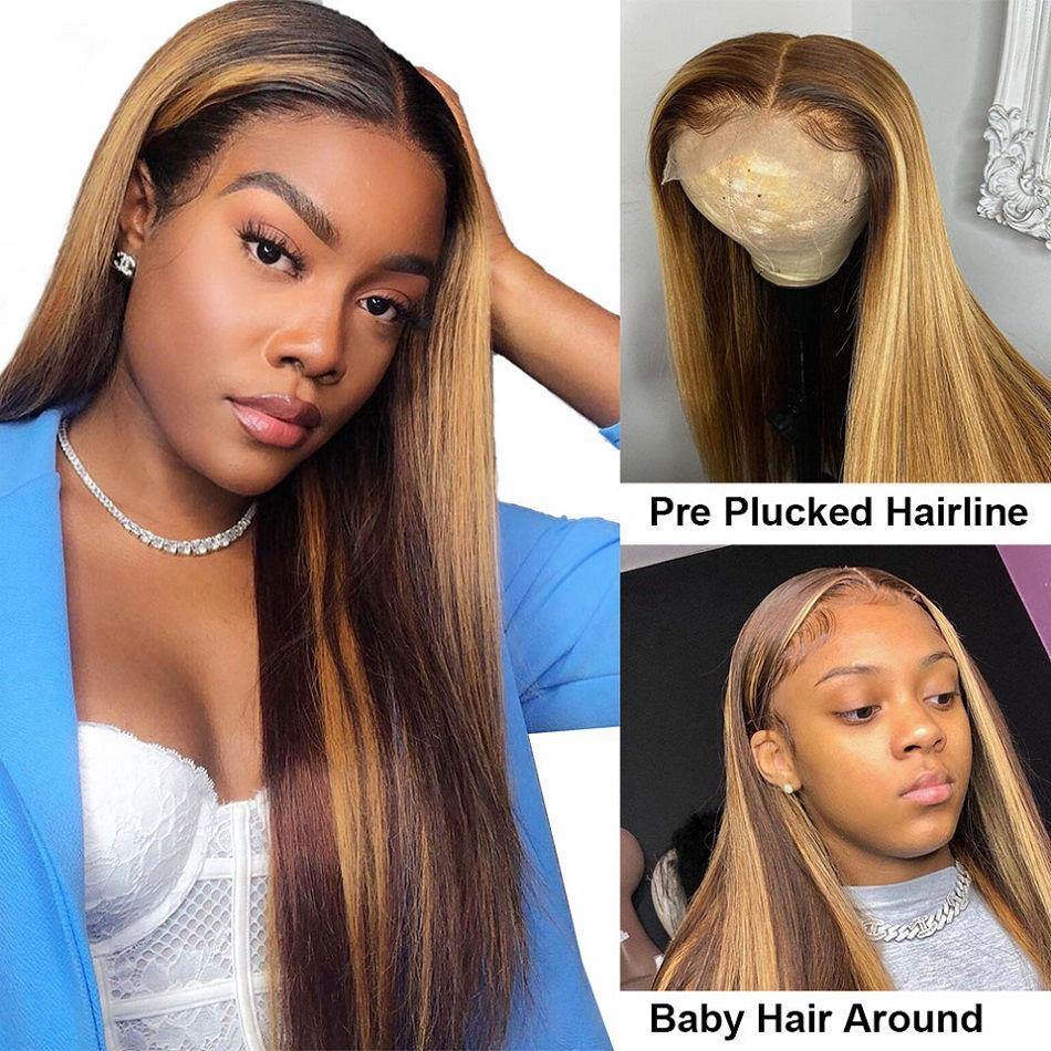 Highlight Ombre Color Straight Human Hair Full Ends Lace Front Wig - 图片 4