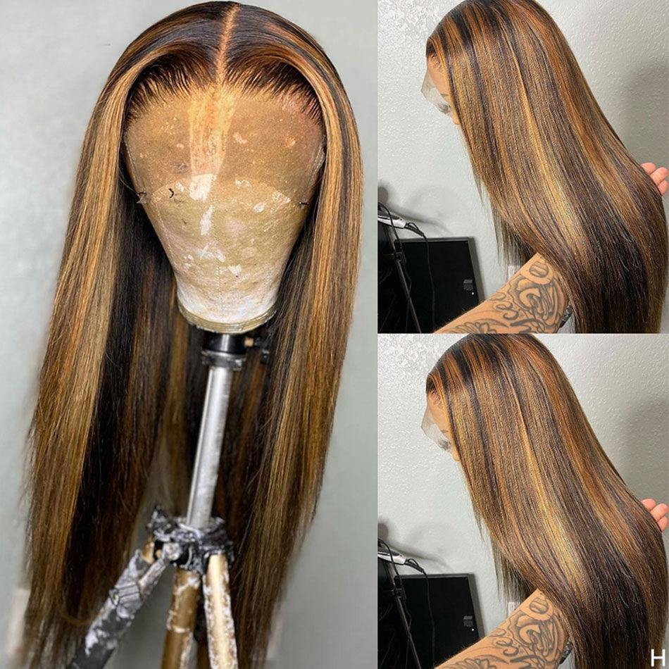 Highlight Ombre Color Straight Human Hair Full Ends Lace Front Wig - 图片 5