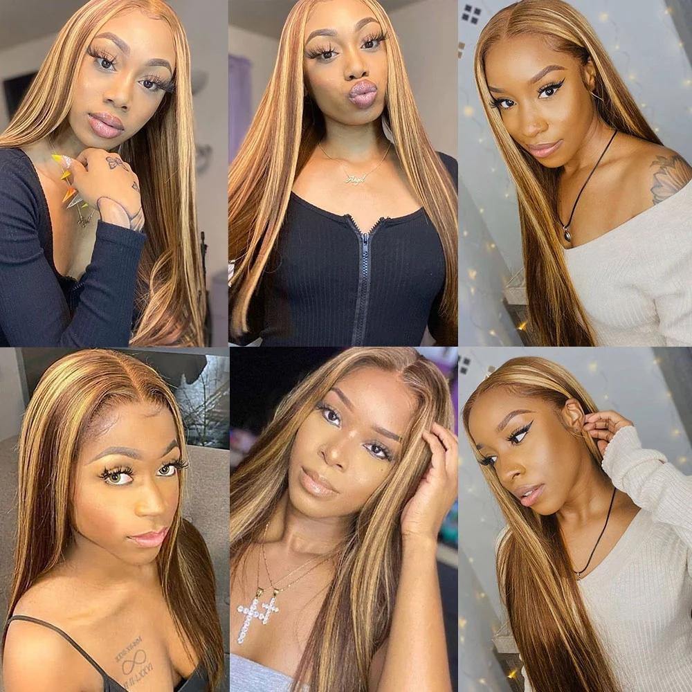 Highlight Ombre Color Straight Human Hair Full Ends Lace Front Wig - 图片 6